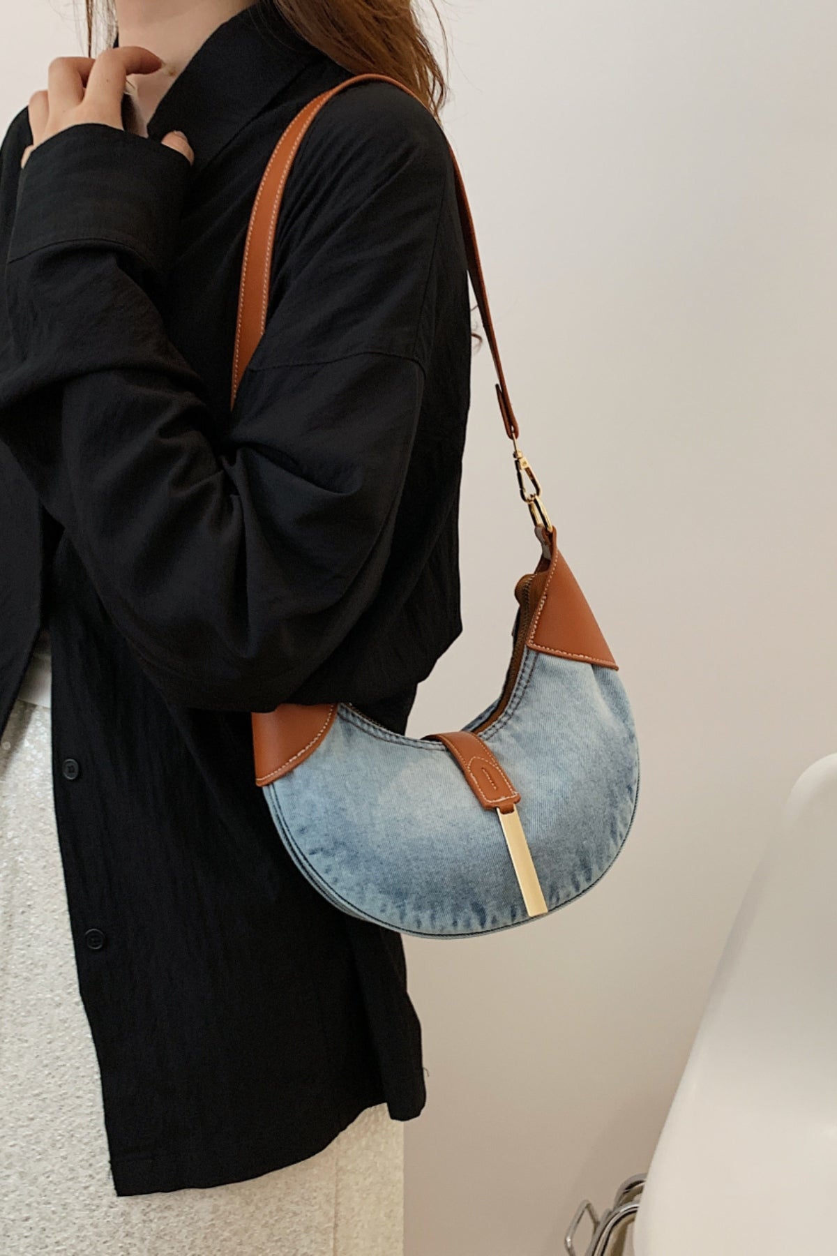 Contrast Denim Shoulder Bag