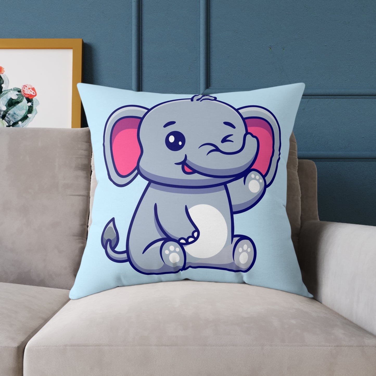 cute-elephant-sitting-waving-hand Square Poly Canvas Pillow