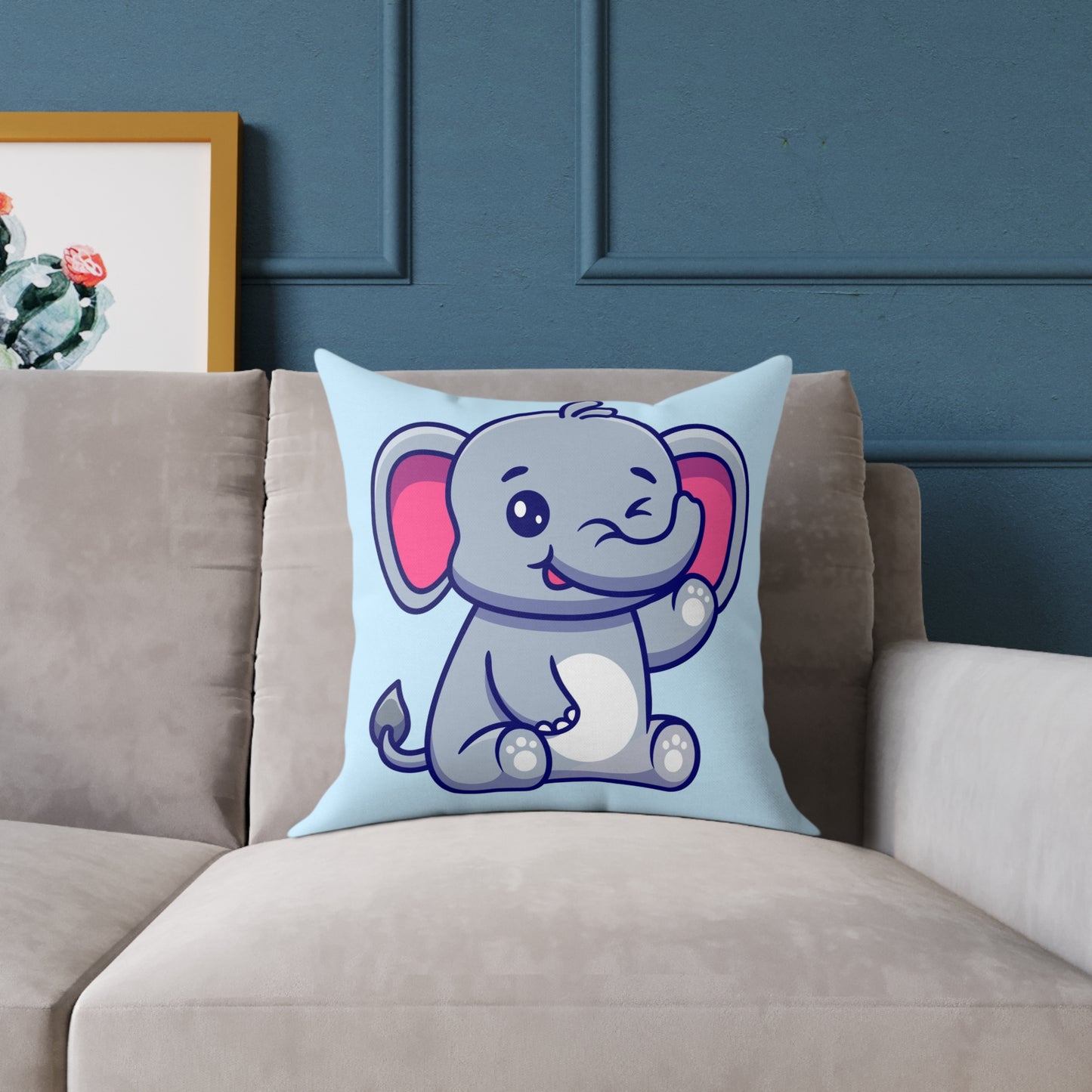 cute-elephant-sitting-waving-hand Square Poly Canvas Pillow